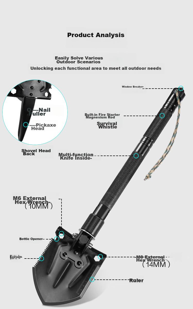 JD Original Outdoor Military Shovel, Multi-Functional Car-Mounted, Thickened Iron Spade, Foldable Fishing Outdoor Off-Road Triangular Handle Shovel for Snow 7