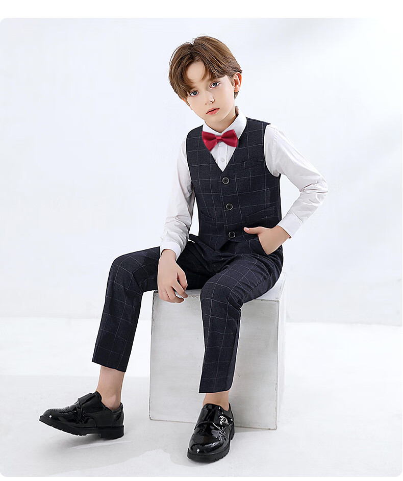 Yinuofang Children's Suit Set for Boys, Host Suit, Flower Boy Formal Wear, Performance Outfit, Plaid Set, Size 150 19