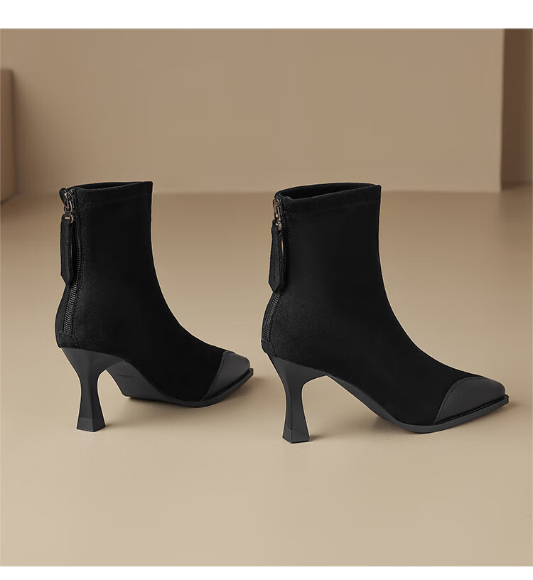 ZHR High Heel Ankle Boots for Women, Elegant Thin Heel Fleece-Lined Boots, Versatile Square-Toe Commuter Boots Y1007A Black Size 38 9