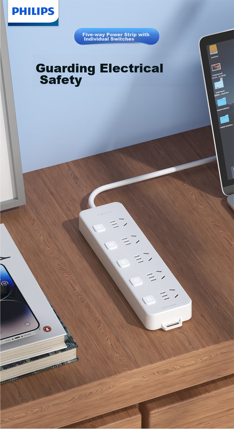 PHILIPS 5-Outlet Independent Switch, 2.8 Meters, Large Hole Spacing, Power Strip/cord Organizer/extension Cord Holder 1