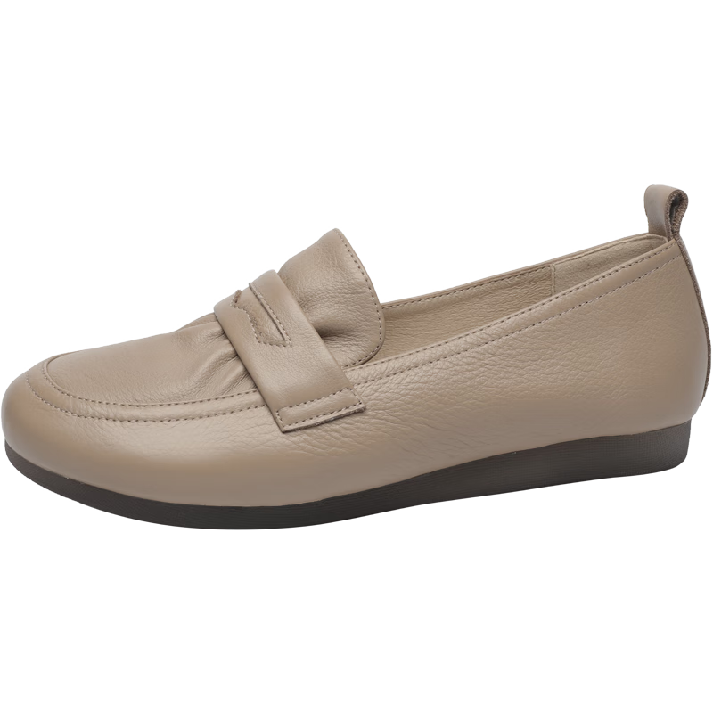 Goldlion Women's Shoes, Soft Leather And Sole, Mom's Flats, Deep-Mouth Slip-On Loafers, G638310038, Apricot Color, Size 36