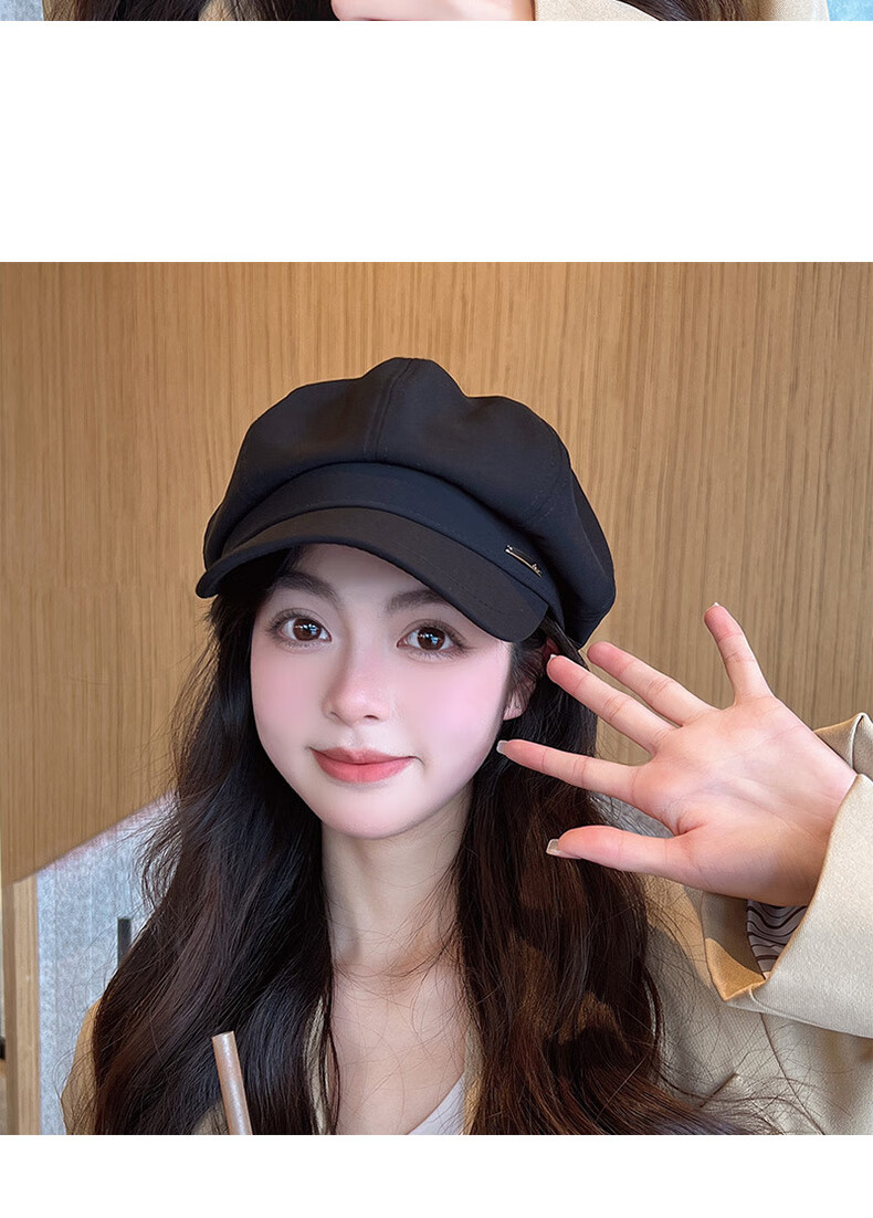 XUEXIMAN Women's Beret Hat Black Vintage Duckbill Octagonal Cap Large Head Circumference 11