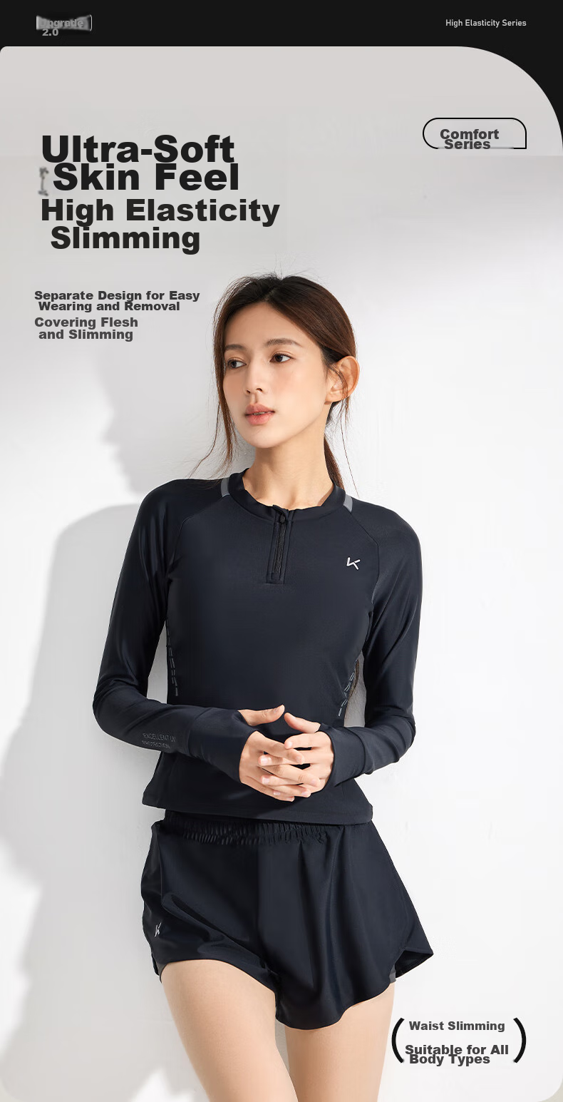 Keep Two-Piece Swimsuit for Women, Summer Long-Sleeve Sun Protection Conservative Slimming Hot Spring Swimwear, Night Black, XL 1