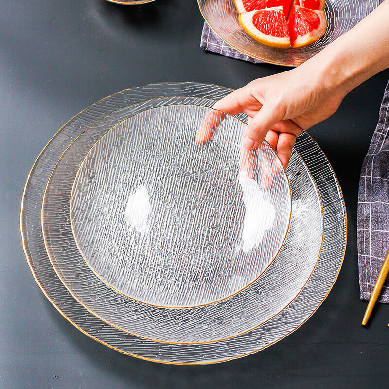 IJARL Glass Fruit Plate, Dessert Plate, Dried Fruit Plate, Salad Plate, Home Luxury Plate, Snack Plate, Horizontal Striped Glass Plate, Single Piece