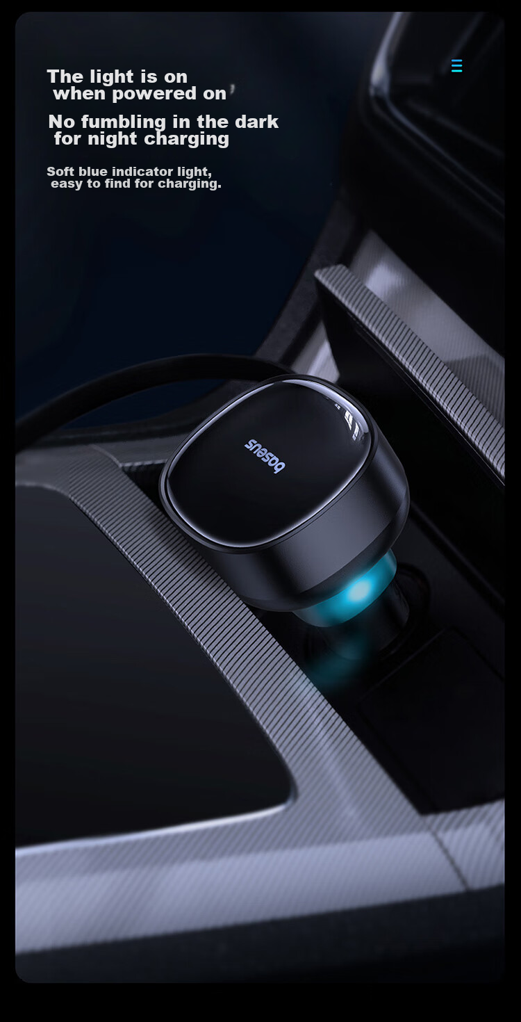 Baseus Car Charger Cigarette Lighter Three-In Super Fast Charging Adapter with Retractable Cable Compatible with Apple, Huawei, Xiaomi 15