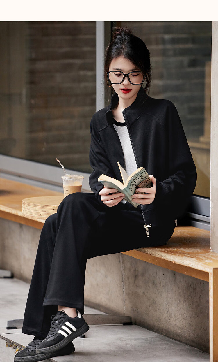 Dme [Wandering Outfit] Spring And Autumn Sporty Style Stand-Up Collar Double Zipper Long-Sleeve Top Casual Pants Women's Two-Piece Set 15