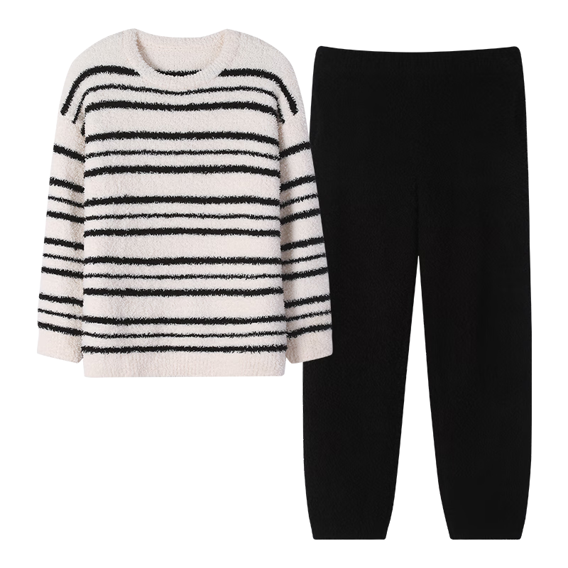 Shaqian Couple's Pajamas, Winter Half-Fleece Lined, Thick Coral Fleece, Men's And Women's Autumn And Winter Striped Warm Loungewear