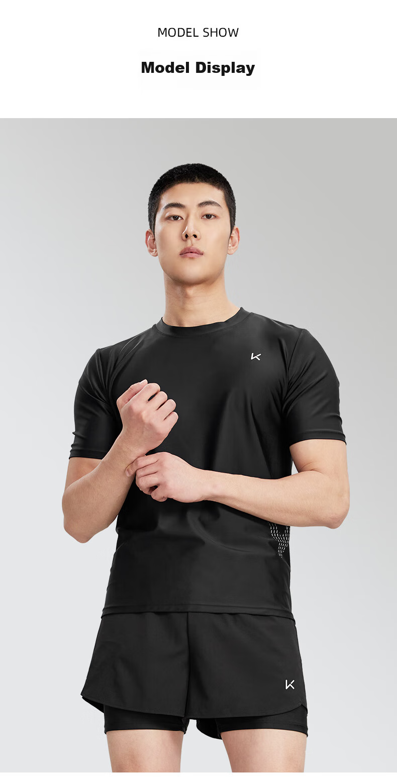 Keep Men's Short-Sleeve Swimsuit Top, Quick-Dry, Anti-Embarrassment, Professional Hot Spring Surfing Suit, Swimming Gear, Black, XXXL 9