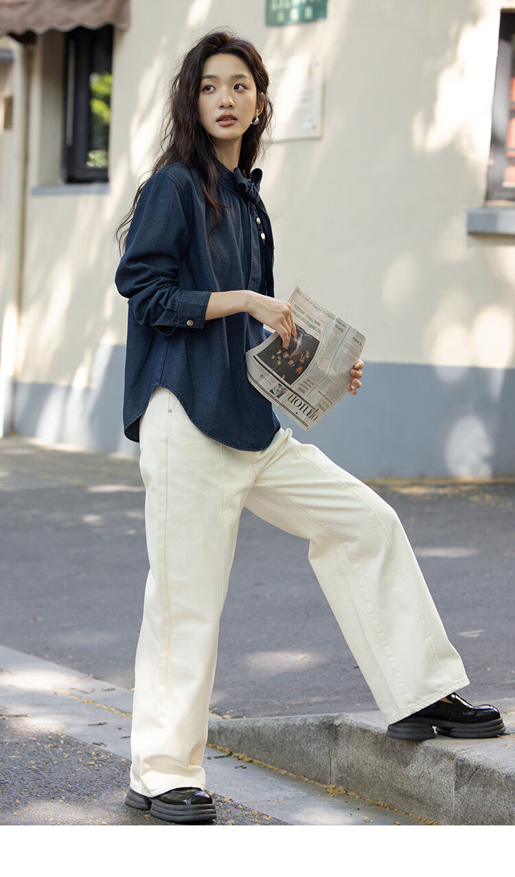 Dme [Strap Stand-Collar Shirt], Autumn Elegant Deep Blue Slanted Doorway Collar Niche Design Blouse for Wome 9