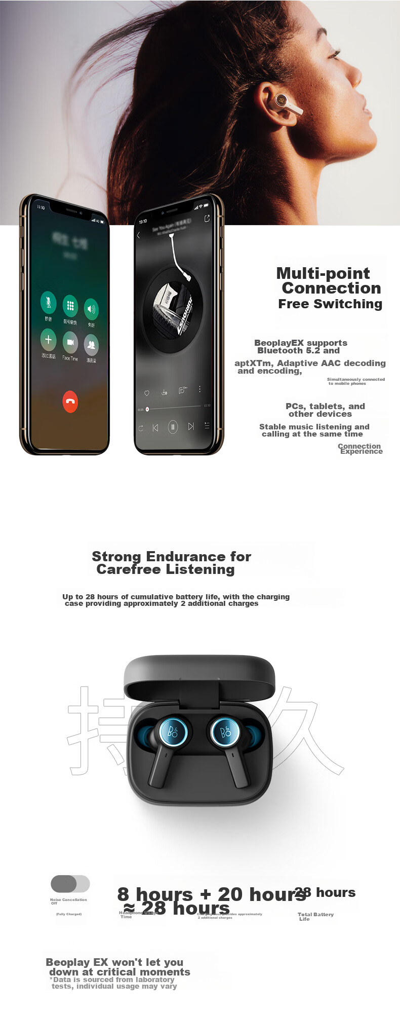 B&O Beoplay EX In-Ear Headphones, Active Noise Cancellation True Wireless Bluetooth Earphones, Wireless Charging Earphones, Holiday Gift, Carbon Blue 9