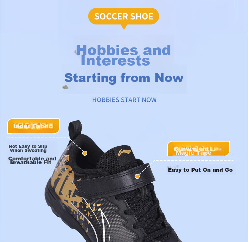 Li-Ning Soccer Shoes for Children And Students, Molded Studs, Ages 6-12, Velcro, Boys' Big Kids Elementary School Students Professional Competition Soccer Shoes, Size 31 5