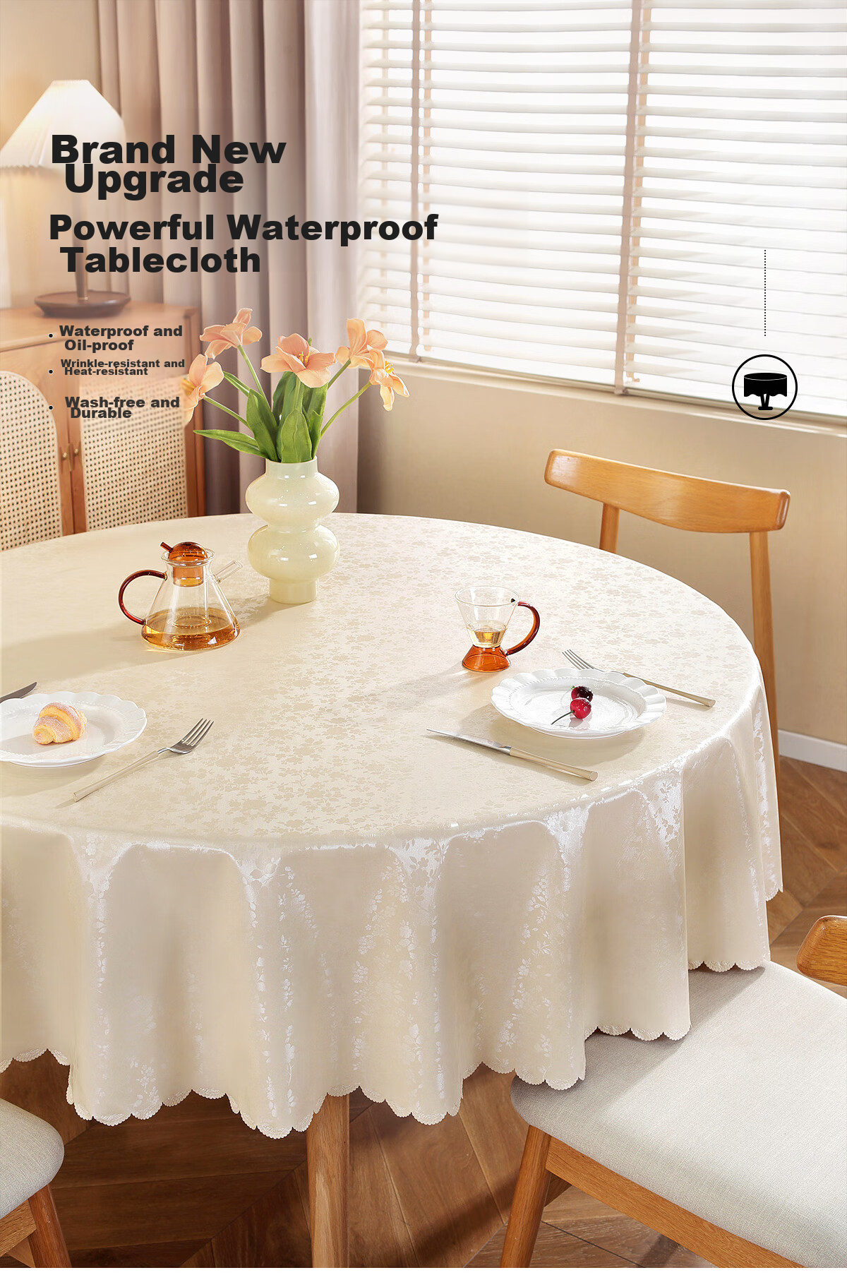 Mihua Round Tablecloth, Waterproof, Oil-Proof, Heat-Resistant, Washable-Free, Circular Dining Table Cover, Coffee Table Cloth, 180*180cm, Rose Champagne Color 2