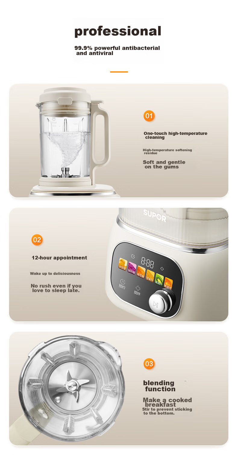 SUPOR [Subsidies] Quiet High-Speed Blender, Large Capacity Home Use with Detachable Blade, 1.5L Fully Automatic No-Clean Multi-Grain Cereal Blender, No-Cooking Wash Ice Crusher Baby Food Maker SP505R 19