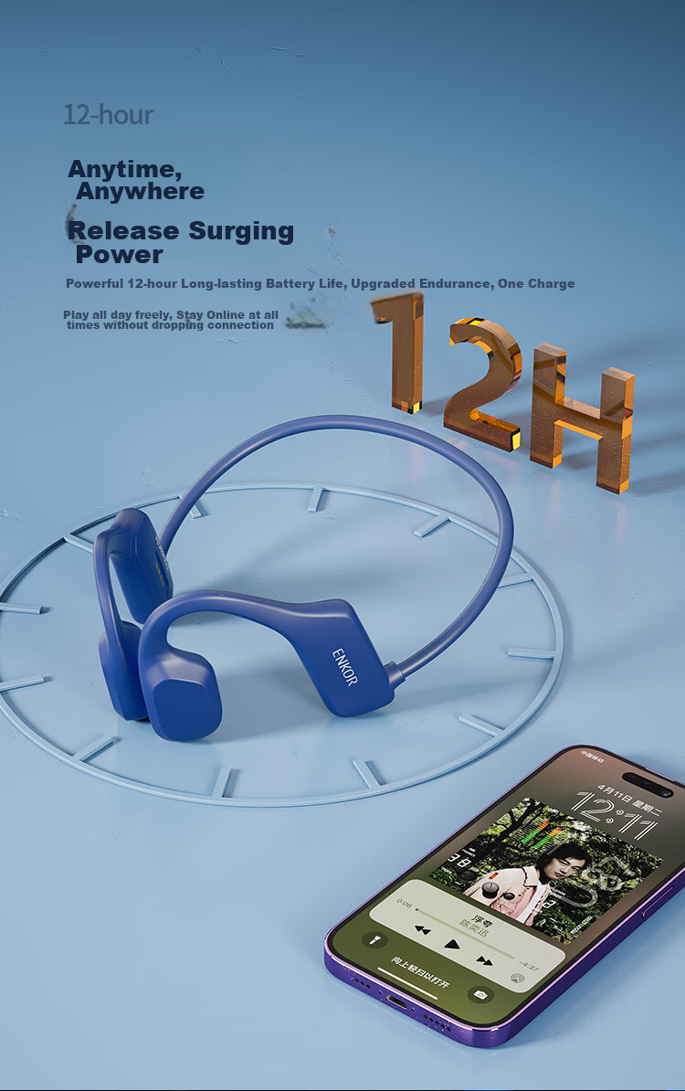 ENKOR EB100 Bone Conduction Headphones Bluetooth Wireless Earphones for Running, Cycling, Swimming IPX8 Waterproof 64GB Memory MP3 Compatible with Apple, Huawei, Xiaomi Phones 7