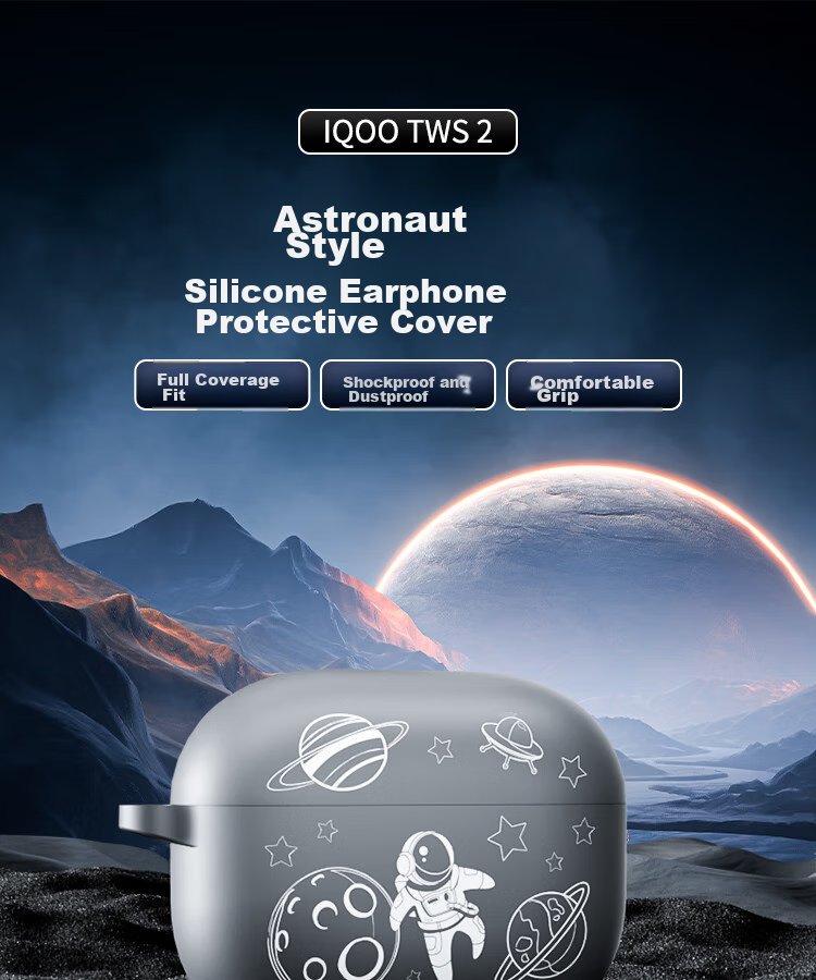 ESCASE Earphone Case for IQOO TWS2 And Vivo TWS4, Silicone Soft Shell Storage Box with Shockproof Ultra-Thin Astronaut Design, Premium Gray + Anti-Loss Strap 1