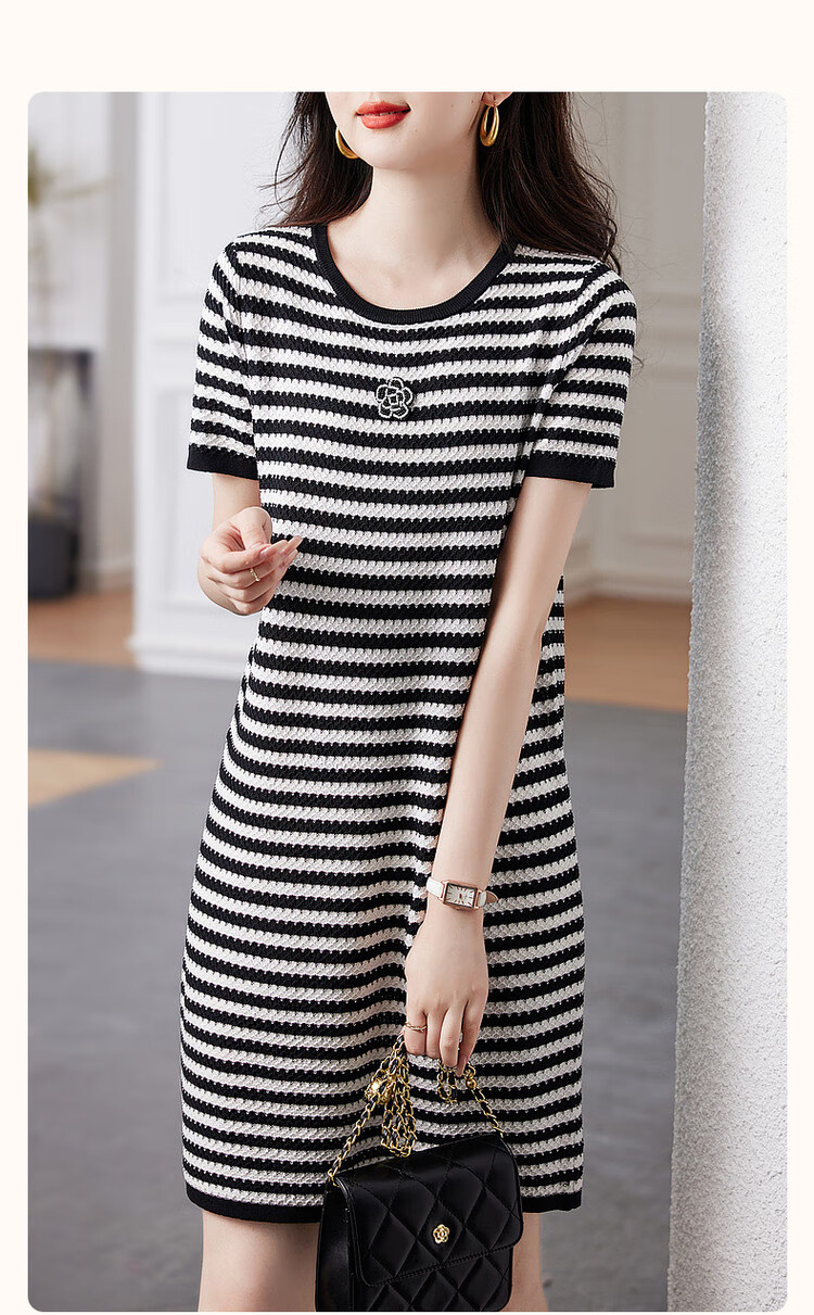 Dme [Ice Silk Dress], Summer Pullover Slightly Stretchy Contrasting Color Knitted Short-Sleeve Dress 3