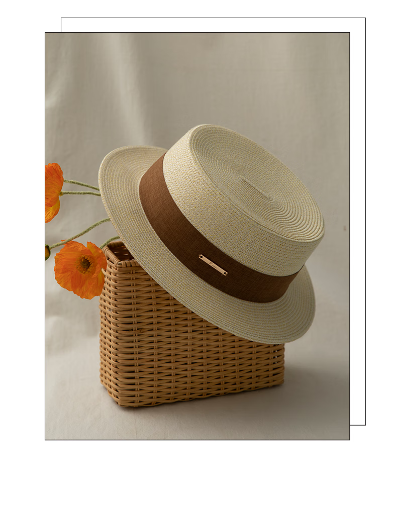 FANCET Flat-Top Straw Hat for Women, Summer Lightweight Luxury Elegant Sun Hat, Beach Vacation Sandal Straw Hat, Japanese-Style Woven Straw Hat 14