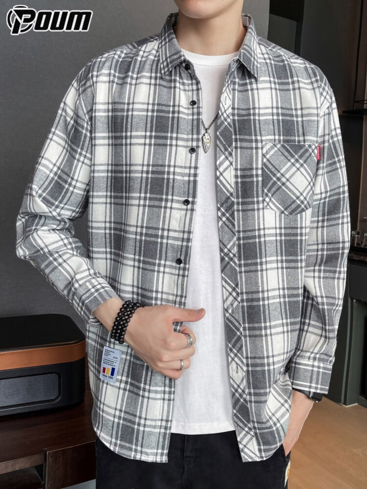 POUM Plaid Shirt Jacket for Men, Spring And Autumn Long-Sleeve Casual Shirt, Trendy Menswear, 2108 Gray, Size L 10