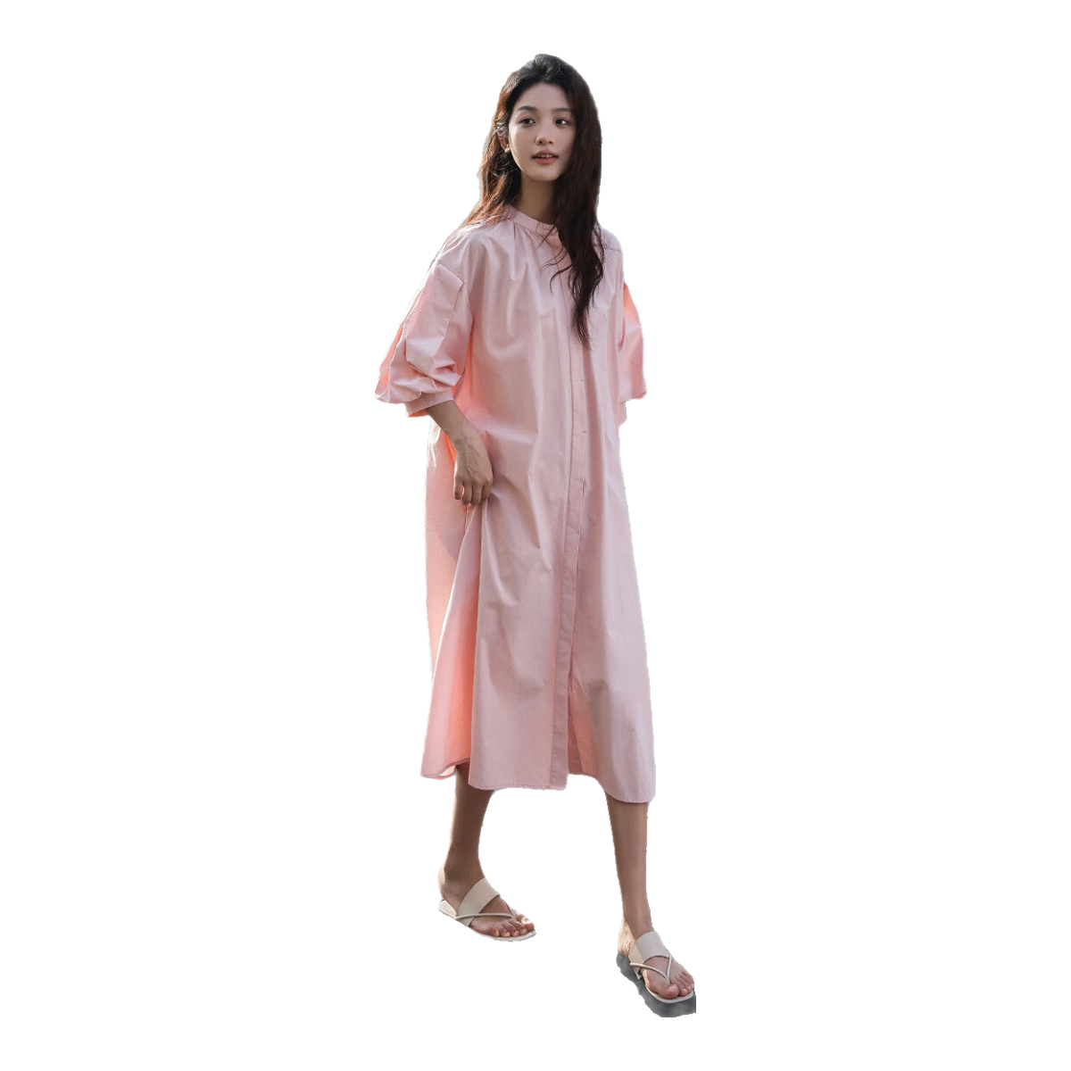 Dme [Pink Mid-Sleeve Dress], Summer Style, Soft Pink Round Neck, Puff Sleeves, Long Dress for Wome
