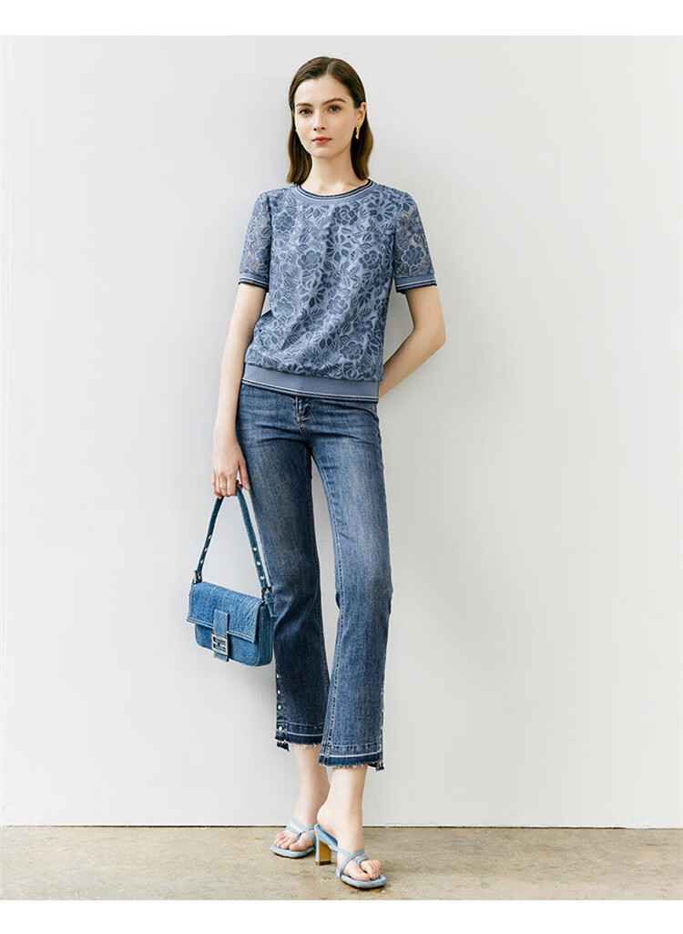 YANYEE Crochet Hollow Lace Top Women 2023 Summer Light Mature Style Short Loose T-Shirt Blue S/36 8