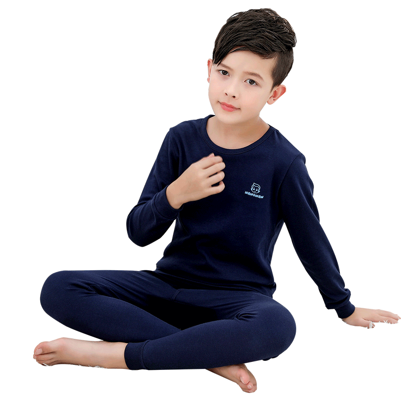 Hengyuanxiang Children's Cotton Underwear Set Boys Youth Autumn Clothes and Pants Navy Blue Mid Collar 165