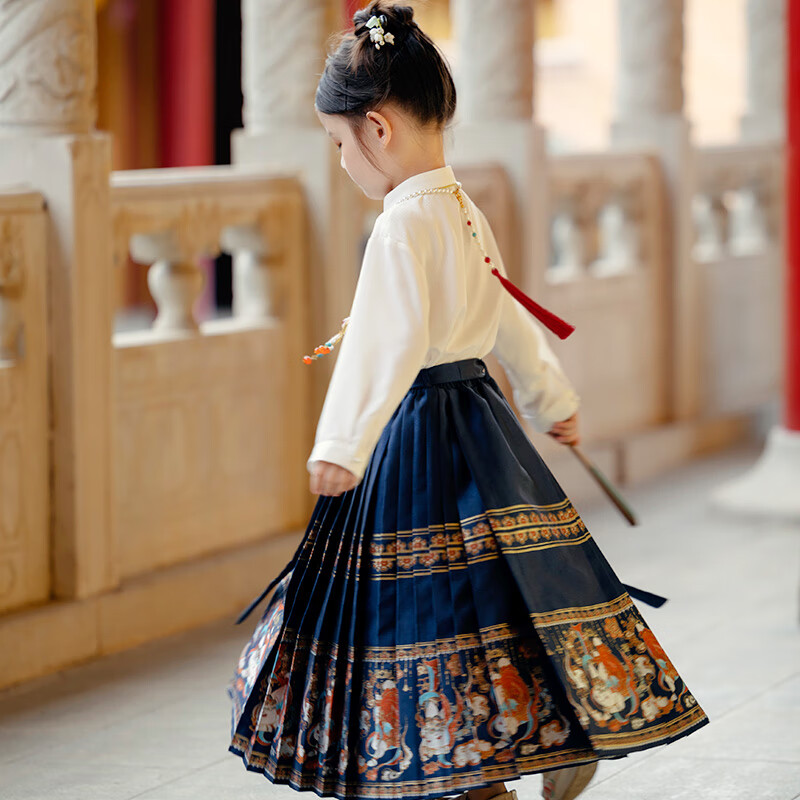 Menghu Nihang Hanfu Girls' Spring And Autumn New Style Children's Chinese Style Parent-Child Performance Ming Dynasty Horse-Face Skirt, Blue Skirt, Size 90