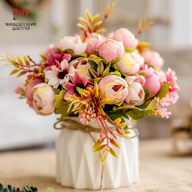 SUGER LOVE Artificial Flowers, Silk Flowers, Chinese-Style Living Room Decorative Flowers, Ceramic Vase Set, Ornaments, Birthday Gift, Pink, 18cm