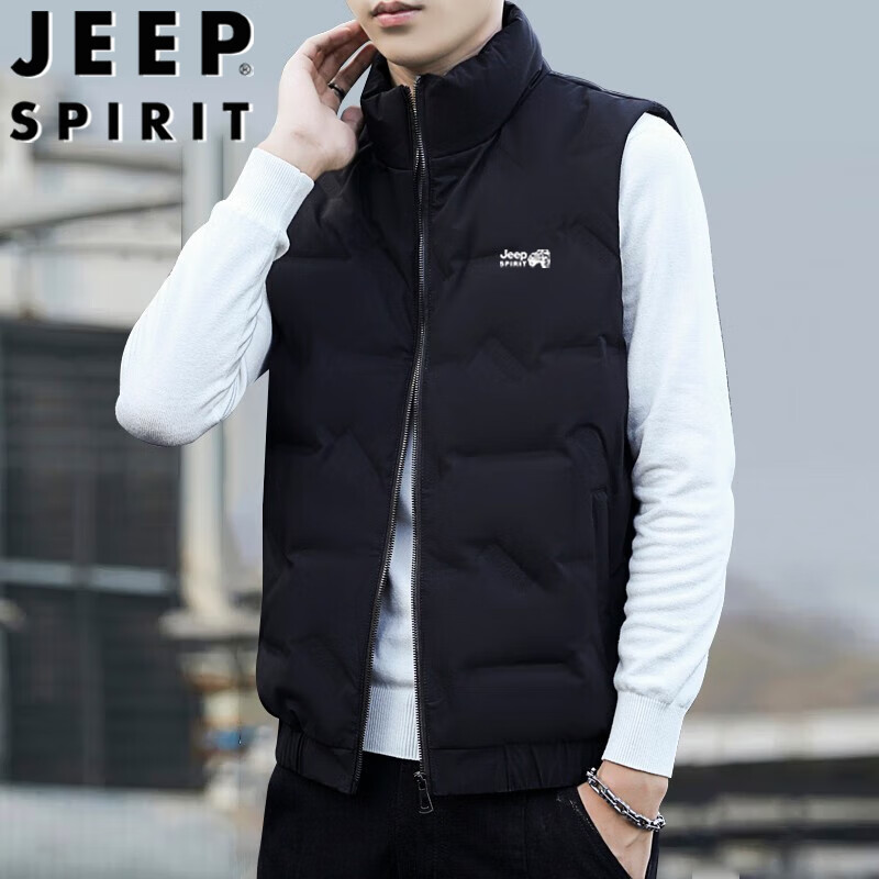 JEEP SPIRIT Men's down Vest Jacket, Winter Short Sleeveless down Coat, Stand Collar Breathable Outerwear, Black, 2XL