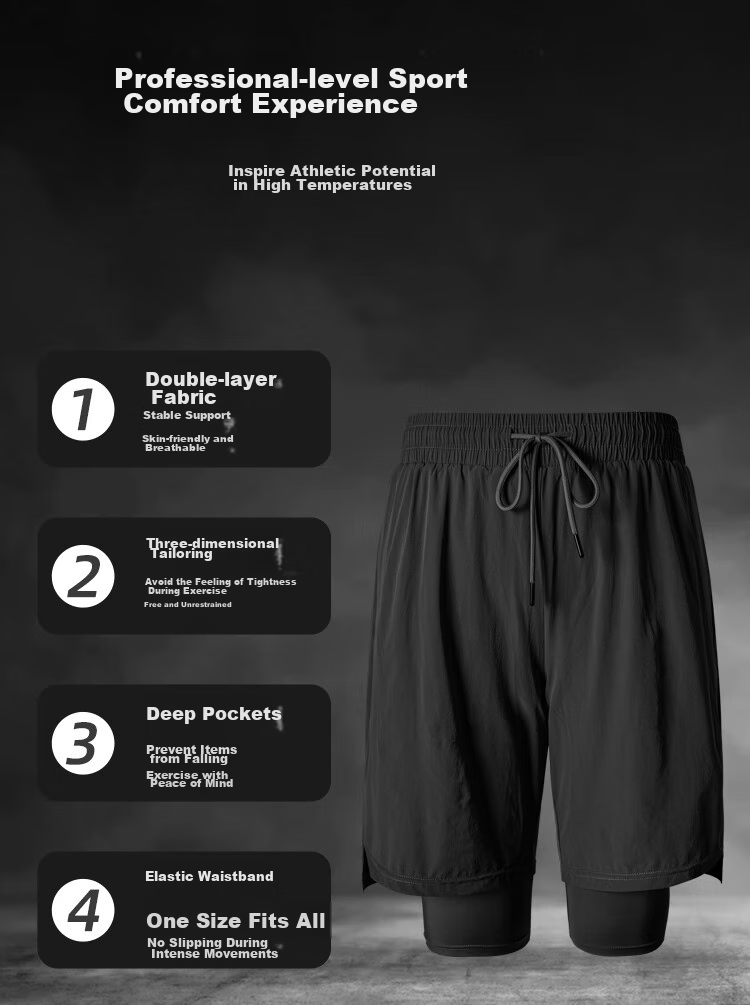 Fandimu Men's Sports Shorts, Marathon Running Black Double-Layered Inner Lining Fitness Hiking Quick-Dry Breathable Knee-Length Shorts 2