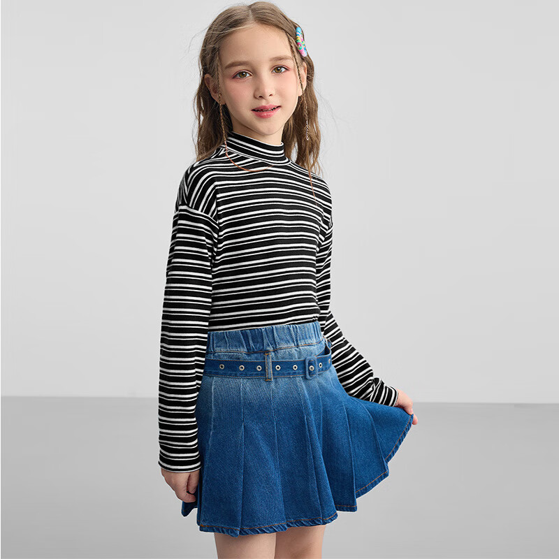 DISNEY Children's Clothing, Boys And Girls Half-Turtleneck Striped Long-Sleeve Top Undershirt, Spring 2025 DB442DE04 Black 140