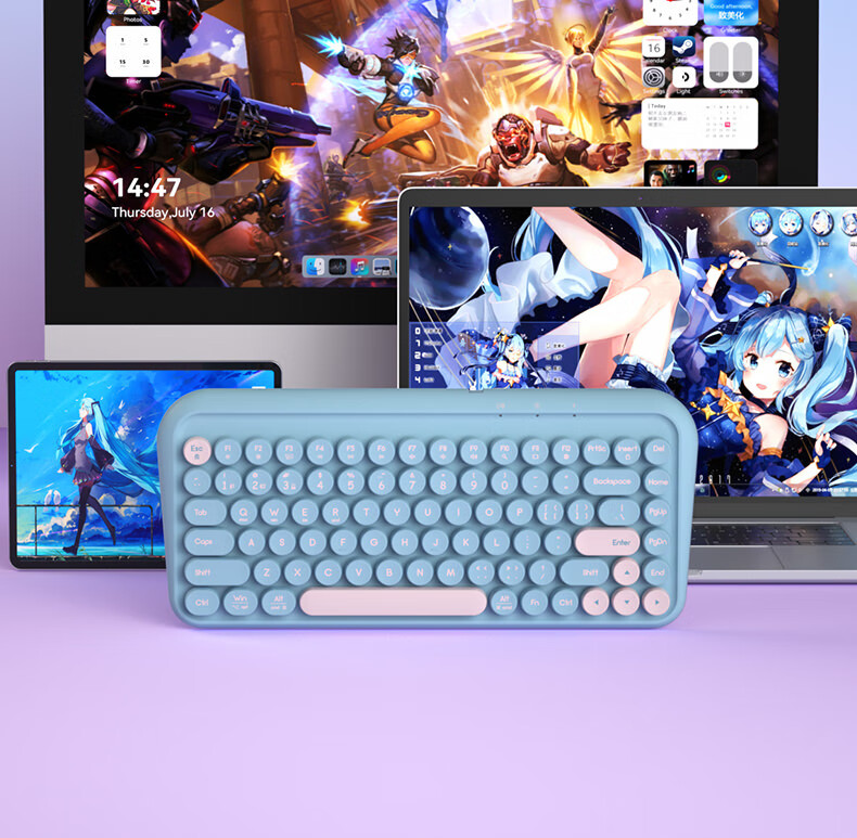 B.O.W Hangshi K500D Dual-Mode Bluetooth Wireless Keyboard Ultra-Thin Portable Office Tri-Mode 84-Key Keyboard for Phone iPad Tablet Laptop Starry Purple Color Block 15