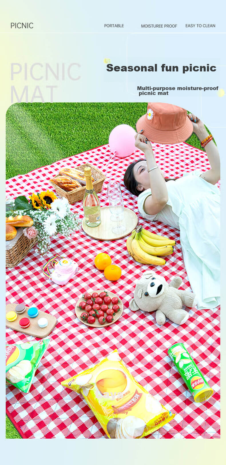 Briars Picnic Mat, Outdoor Thickened Moisture-Proof Mat, Wear-Resistant Oxford Cloth, Large Size Portable Mat, Small Red Checkered Pattern, 195*200 1