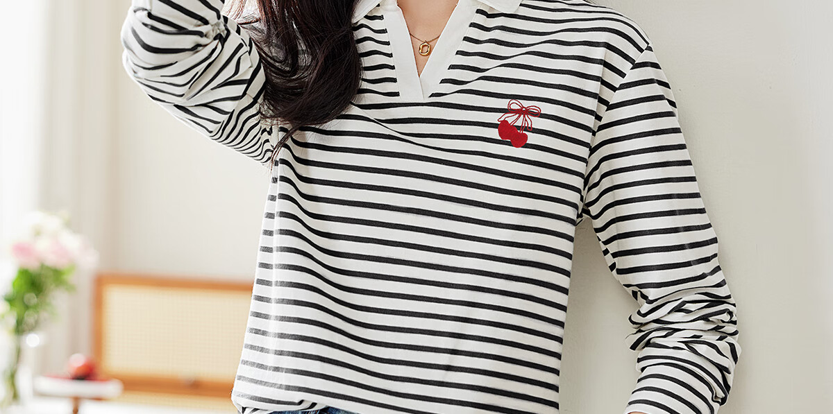 PinCai Women's Summer Short Sleeve V-Neck Polo Shirt Striped Letter Cherry Fashion Base Top P143T1550 48