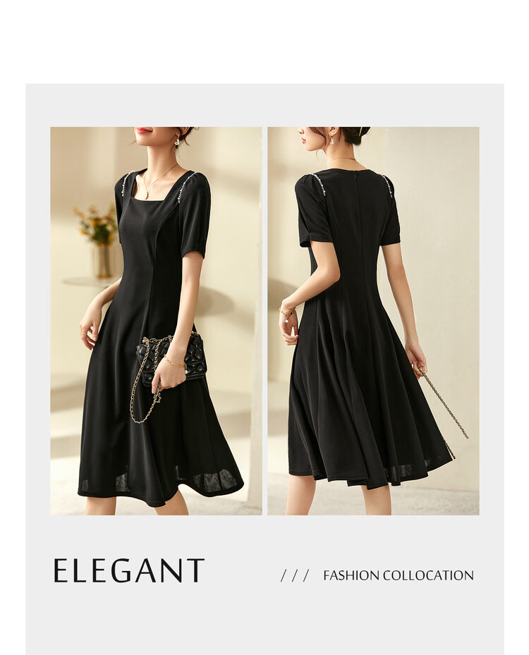 Sentubila Short-Sleeve Dress for Women, Summer Fashion Commuter Mid-Length A-Line Dress with Beaded Waist, Slimming Effect, Black, M 7