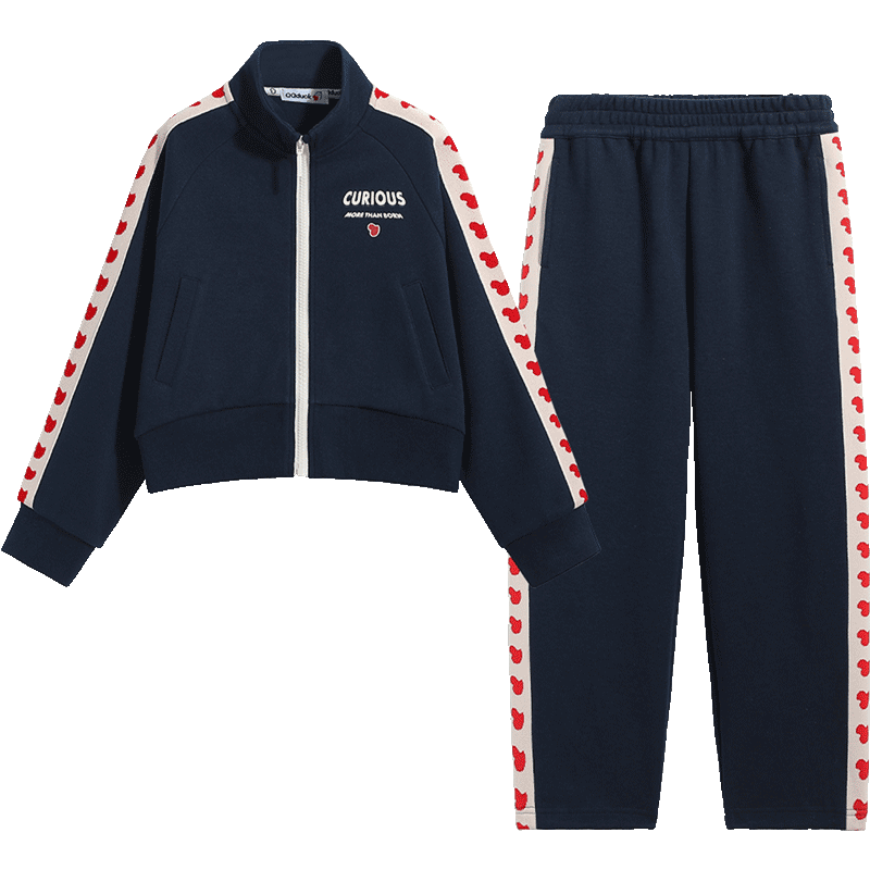 QQ DUCK Children's Sportswear Set, Girls' Jacket And Pants Two-Piece Outfit, Student Clothes, Heart-Shaped Little Duck Pattern, Navy Blue; Size 165