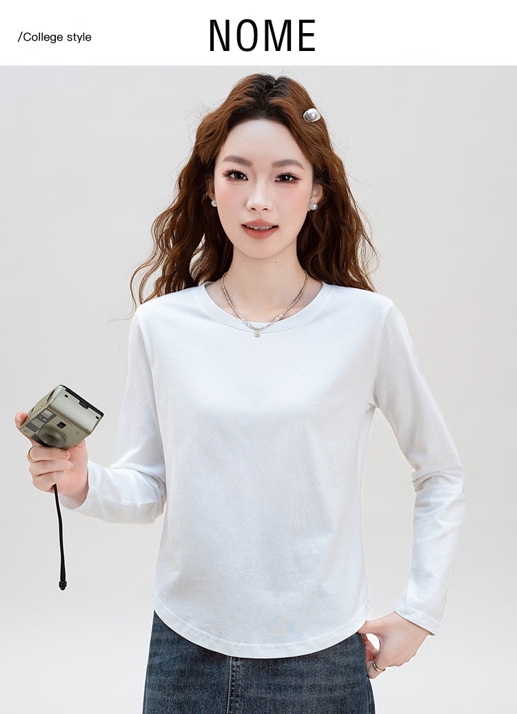NOME Autumn And Winter New Round Neck Slim-Fit Long-Sleeve T-Shirt for Women, Body-Hugging Waist-Cinching Base Layer Inner Wear, White, XL 2