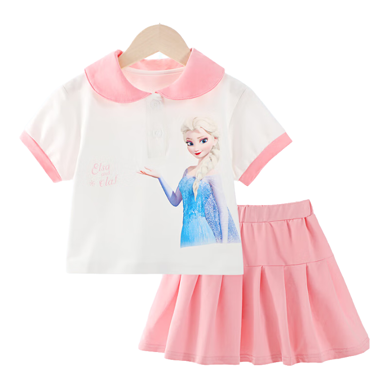 Disney Girls' Summer Outfit Set, Children's Dress Elsa Baby Short-Sleeve Two-Piece Set, 1040 Orange Pink, Size 140