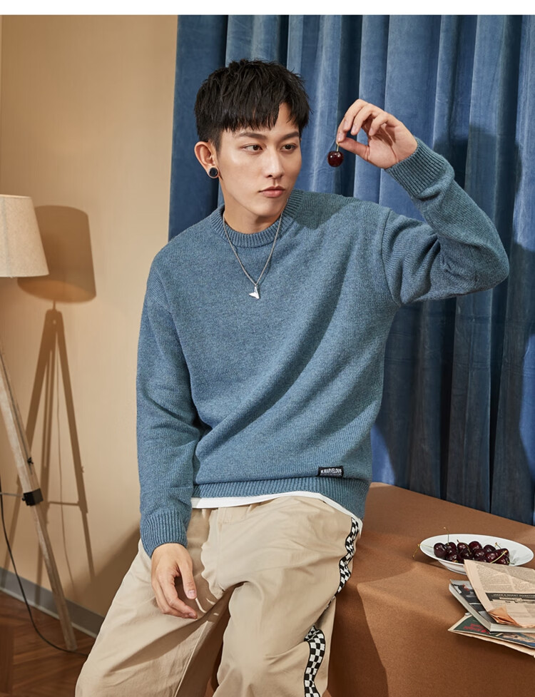 TonLion 2022 Men's Sweater, Solid Color Basic Versatile Base Layer Round Neck Knit Sweater for Men, Flax Gray, S 13