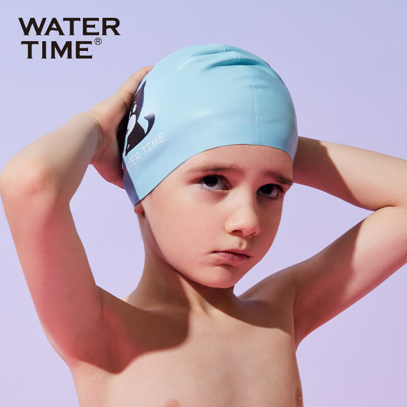 Детская шапочка для плавания WATERTIME / Shui Chuan, водонепроницаемая, из силикона, с защитой ушей, для длинных волос, с принтом "Маленький кот", голубая
