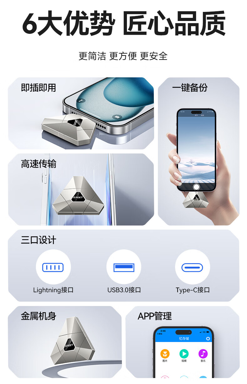 EAGET Phone Expansion USB Flash Drive, 256GB, USB3.0, I90 Silver, Compatible with Apple Phones, Type-C, Dual-Use for Phone And Computer, Backup Device 2