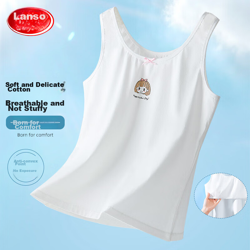 LangSha Children's Vest-Style Underwear, Girls' Training Bra for Puberty, Camisole for Young Women, White Bow Tie, Size 170
