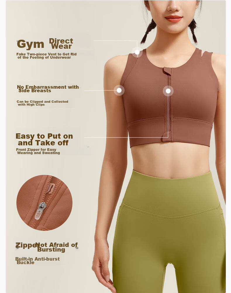 VFU Women's Sports Bra Front Zipper High-Impact Shockproof Running Fitness Yoga Tank Top Gray Green M 9