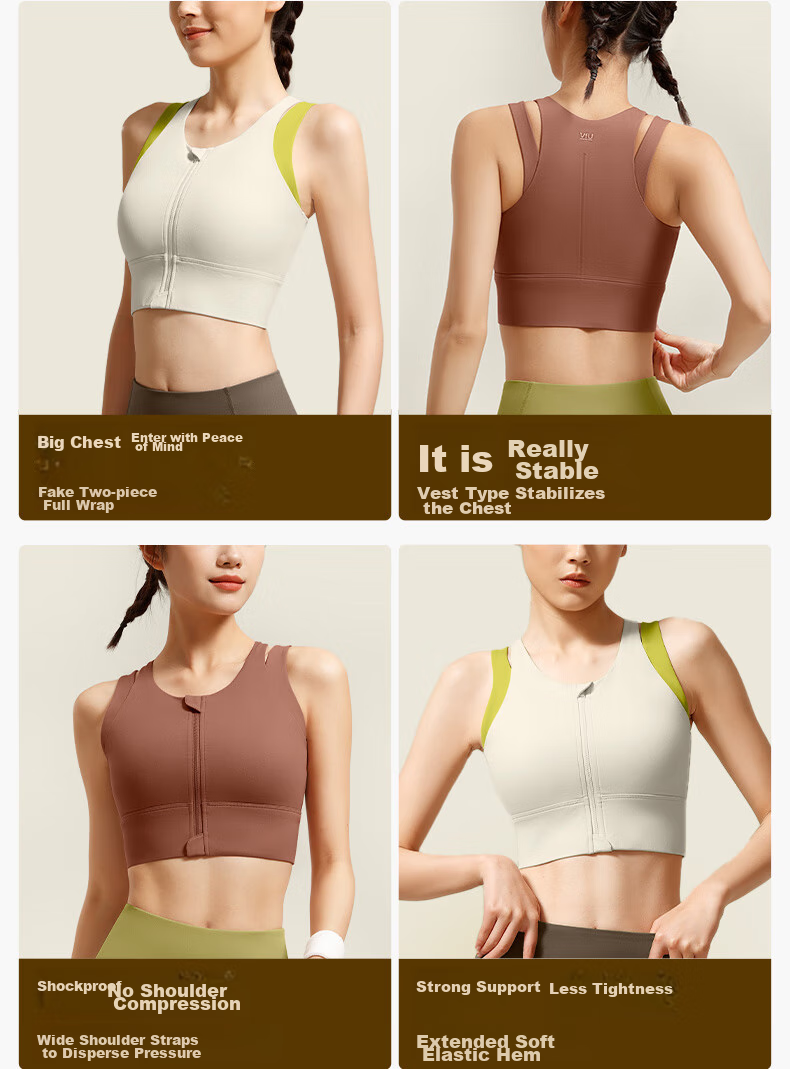 VFU Women's Sports Bra Front Zipper High-Impact Shockproof Running Fitness Yoga Tank Top Gray Green M 7