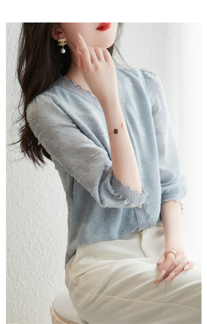 Dme [Long Time No See Series] Summer French Commuter V-Neck Jacquard Blouse, Three-Quarter Sleeve Lace Shirt, Women's Top 10