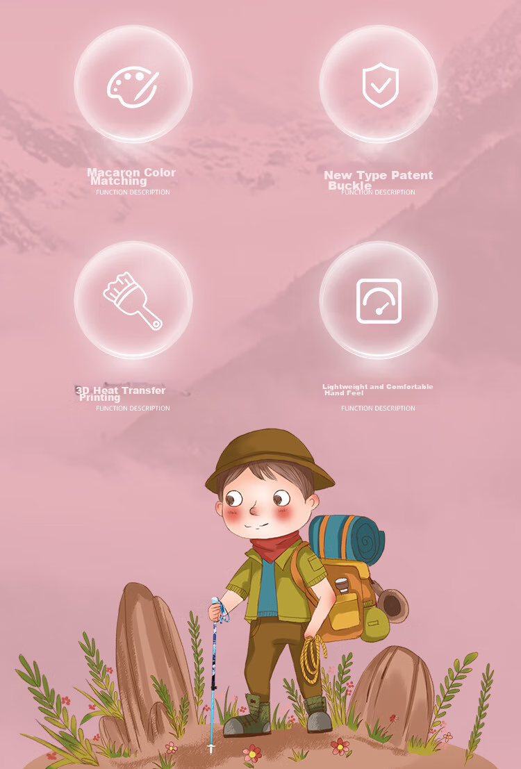 Pioneer Xiaojingling 3 Series Children's Trekking Pole, Carbon Fiber Walking Stick, Telescopic Hiking Cane, Macaron Pink 3