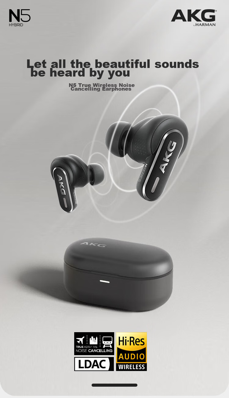 AKG N5 Wireless Bluetooth In-Ear Headphones, 2.4G Tri-Mode, Active Noise Cancellation, Gaming And Music Earphones, Compatible with Latest Apple And Huawei Models for Ultra-Long Battery Life, White 2