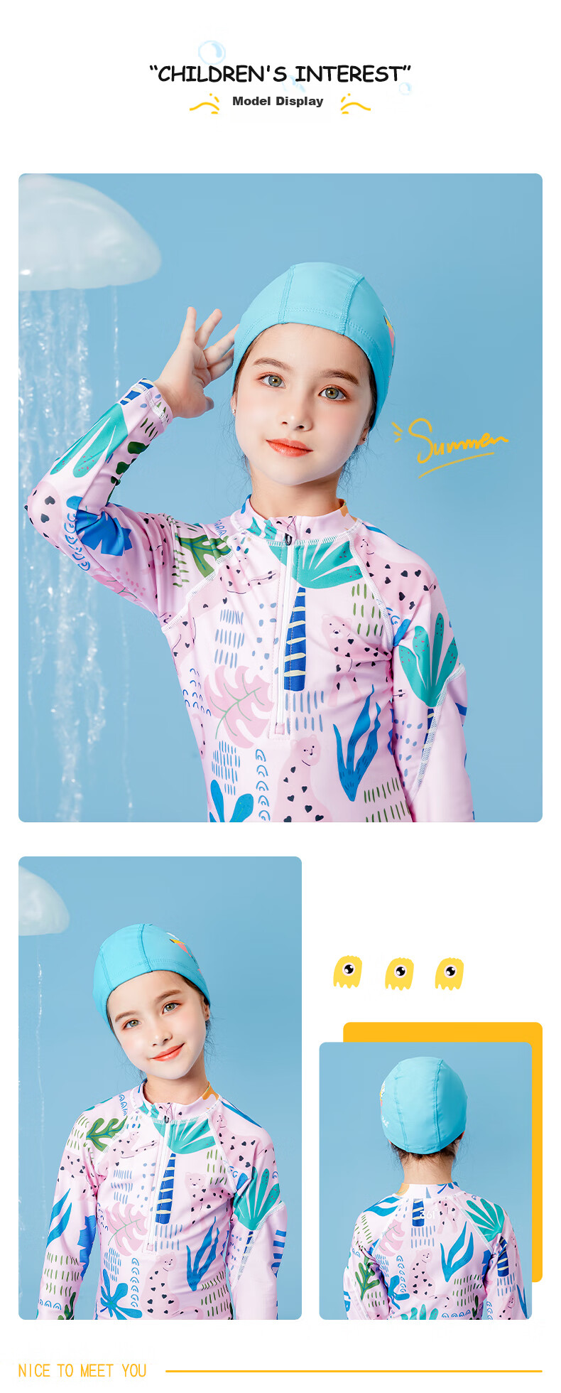 361° Children's Swimming PU Cap, Sports Hat for Boys And Girls, Fashionable Cute Cartoon Design, Waterproof Comfortable Non-Binding Swim Cap, Blue 9