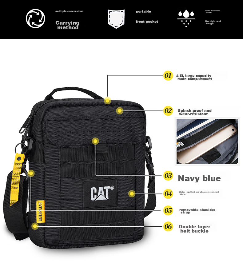 CAT Shoulder Bag, Crossbody Bag, 11-Inch IPad Bag, Journalist Bag, Outdoor Tactical MOLLE Expansion Side Bag, Blue 84036 3