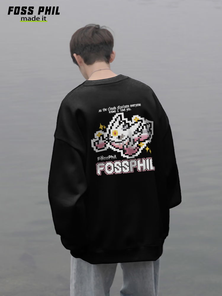 Foss Phil Men's Sweatshirt, Autumn And Winter Trendy Cartoon Print, Loose Casual Round Neck Base T-Shirt Top, FPW5 Black M 14