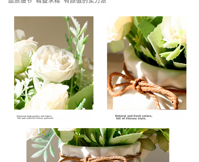 Shengshitaibao Artificial Flower Bouquet, Silk Flowers, Decorative Flowers, Ceramic Small Vase, Floral Arrangement, Living Room Decoration Ornament, White Rose 8